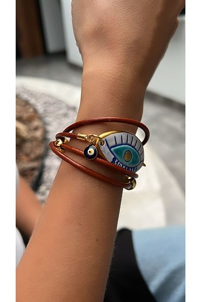 Kutcha Accessories Number Sequence Ceramic Eye Evil Eye Genuine Leather Bracelet