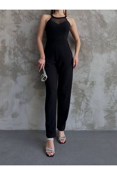 S&A Collectionn Women's Halter Neck Tulle Detailed Slim Fit Jumpsuit Black