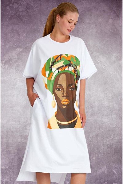 WOMAN VISION Rochie pentru fete cu imprimeu etnic african și broderie cu margele - Buzunar, mărime standard, sezonier SMR-001