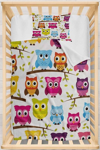 Else Dekor Colorful Owls Patterned Bedspread with Pillows Baby Pique Set