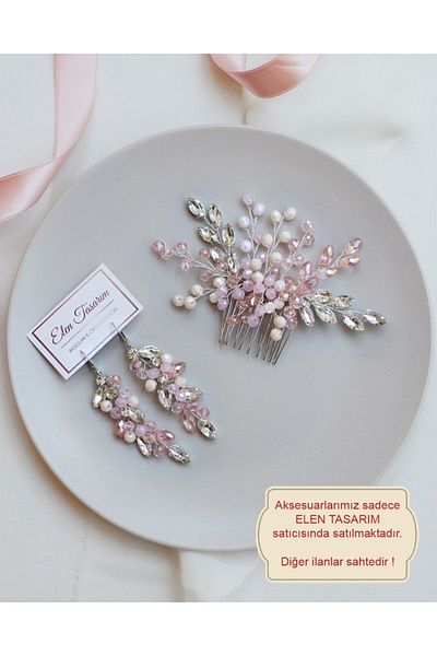 Elen Tasarım Pink Jewelled Hair Accessory and Suit EarringScalloped Bridal Crown and Earring Set