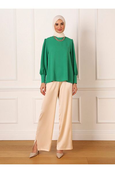Refka Elegant Blouse with Aerobin Button Detail and Balloon Sleeves - Grass Green - Refka