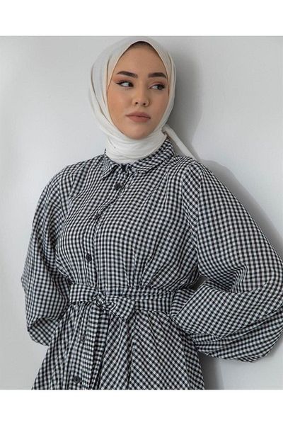 moda periy Γυναικείο μοντέρνο βασικό καλοκαιρινό φόρεμα με κουμπιά σε καθημερινό στυλ Gingham Hijab