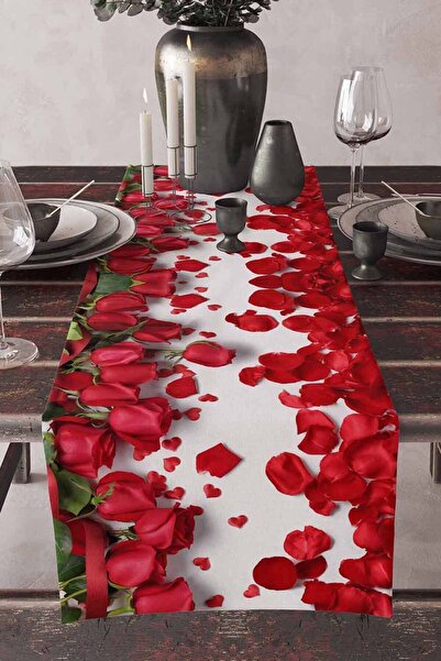 Else Halı Else Kırmızı Gül Yapraklı 3D Desenli Runner Masa Örtüsü Modelleri