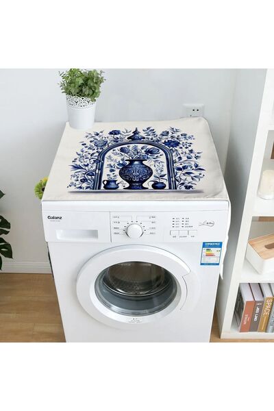 Else Halı Mavi Beyaz Vazo Vintage Desenli Dekoratif Bulaşık Kurutma ve Çamaşır Makinesi Örtüsü 60x140cm