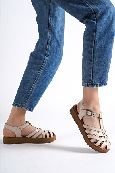 Deripabuc Hakiki Deri Bej Kadın Deri Sandalet Dp-0097