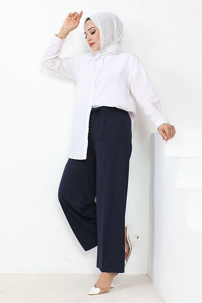 Bestenur Meva Belted Wide Leg Trousers 648 - Navy Blue