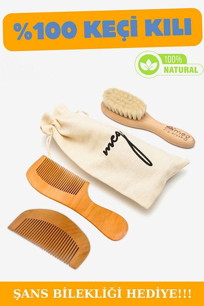 MEG Dry Brush Natural Baby Hair Brush and 3-Piece Wooden Comb Set - 100% Goat Hair, with Storage Pouch