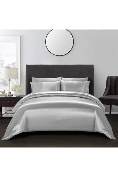 Silk Cocoon Σετ Παπλωματοθήκη από Γκρι Μεταξωτό Βαμβακερό Σατέν 4 τεμάχια Διπλό 160x200cm Συμπεριλαμβανομένου Εφαρμοσμένου σεντόνια