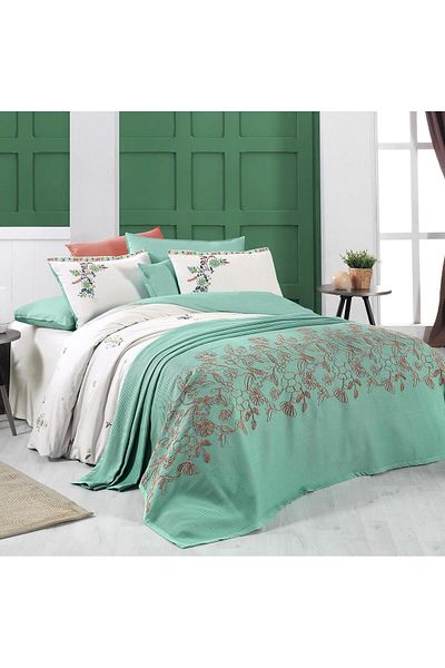 Sarev Eva Mia Green Double 100% Cotton Duvet Set and Pique Set