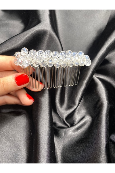 ecrin tuhafiye hobi Şeffaf Kristal Boncuklu Taraklı Gelin Tacı Saç Aksesuarı