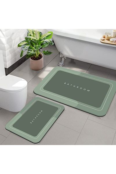 Else Dekor Else Green Bathroom Written Patterned Washable Αντιολισθητική Βάση 2 τεμαχίων Μοκέτα μπάνιου Σετ καθίσματος τουαλέτας