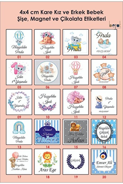 Berat tasarım Kız Ve Erkek Bebek Şişe Ve Magnet Etiketleri 4x4 Cm 35 Adet