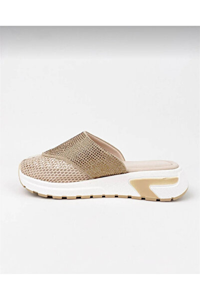 GDT Ayakkabı Pudra  Renk Düz Taban Taşlı Fileli Kadın Spor Terlik