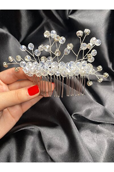 ecrin tuhafiye hobi Şeffaf Kristal Boncuklu Taraklı Gelin Tacı Saç Aksesuarı