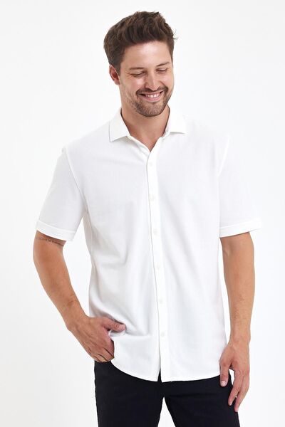 ENQUE Чоловіча сорочка з коротким рукавом, коміром поло та ґудзиками, екрю