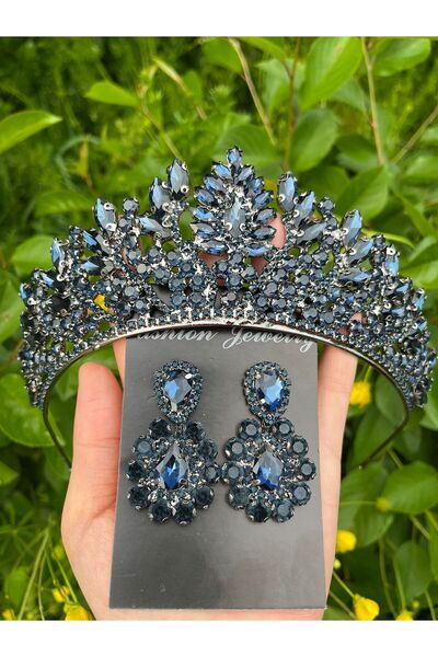 ANZE Dark blue bridal crown set crown and earrings from accessories