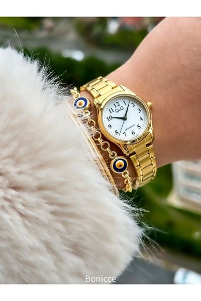Q&Q Gold Yellow Steel Strap, Small Case, Stylish Wristwatch+Bracelet