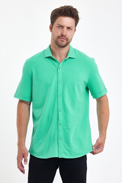 ENQUE Men's Polo Neck Short Sleeve Button Loose Green Shirt