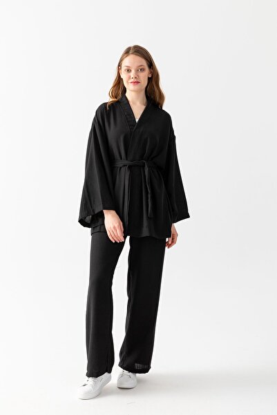 nisaNCa Zen Elegance Women's Kimono Set - Wide Leg and Linen Textured Summer Set