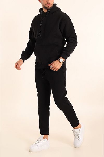 BayBayan Ανδρικό μαύρο σετ φόρμας Jogger με 3 κλωστές με βαμβακερή επένδυση