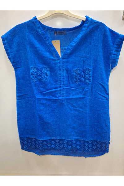 NUR TEKSTİL Kadın mavi %100 Pamuk Şile Bezi  tül ve dantel detaylı  kolsuz bluz