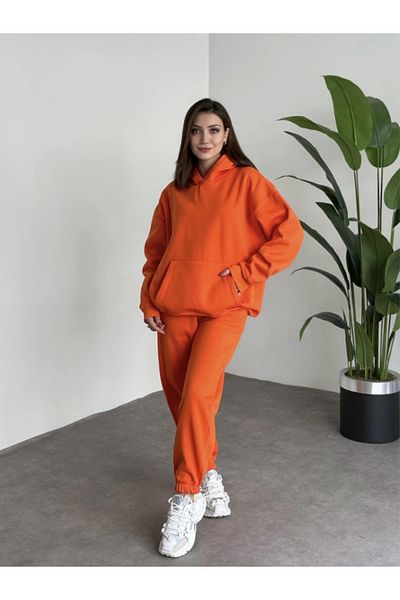 BayBayan Πορτοκαλί 3 Κλωστές Βαμβακερό Oversize Γυναικείο Σετ Φόρμας