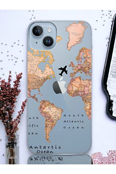 Spoyi iPhone 14 Transparan Harita Tasarımlı Şeffaf Telefon Kılıfı