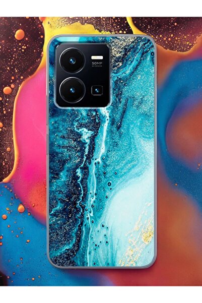 Spoyi Vivo Y35 Mavi Kumsal Tasarımlı Şeffaf Telefon Kılıfı