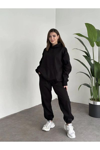 BayBayan Γυναικείο Σετ Φόρμας Oversize Μαύρο 3 Κλωστών Εσωτερικά Βαμβακερό
