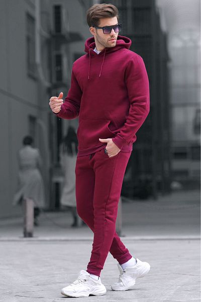 BayBayan Men's Burgundy 3 Thread Cotton Raised Oversize Tracksuit Set