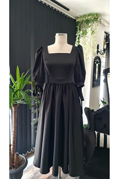 makbuleofficial Siyah Saten,Karpuzkol,Büzgülü,Kare Yaka ,Midi Boy Söz Nişan Mezuniyet Elbisesi