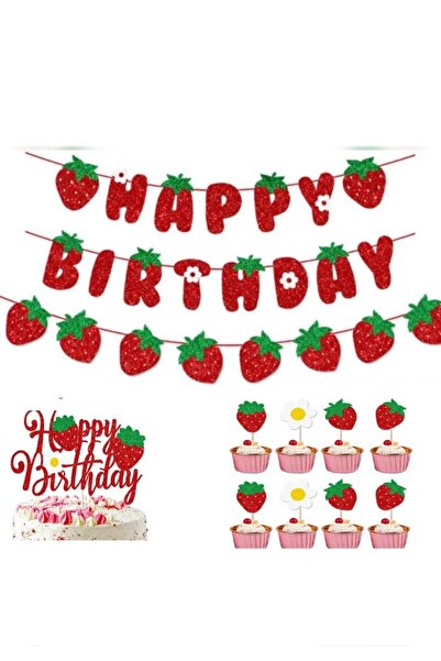 Çemrek Süs Parti Çilek Konsept Çilekli Happy Birthday Flama Pasta Süsü ve Kürdan