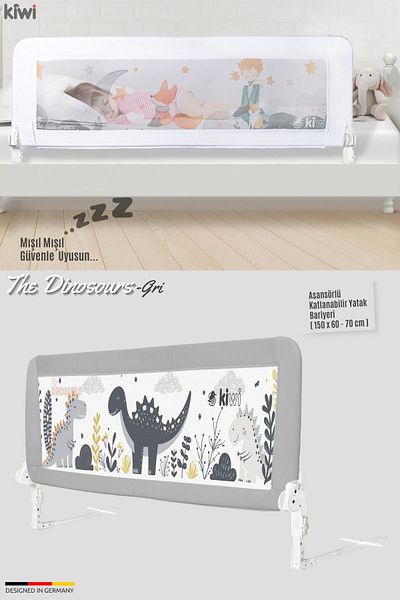 Kiwi Gray Dinosaur Patterned Children's Bed Barrier - with Elevator, 150x60-70 cm