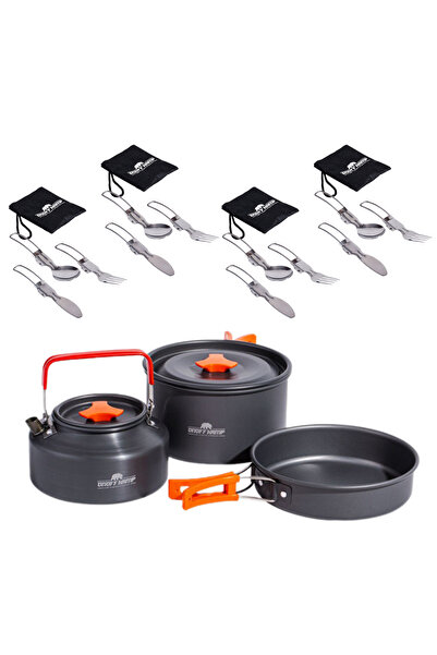 ON OFF KAMP Kamp Ve Macera Ekipmanları طقم مقالي وعاء مكون من 4 قطع - إبريق شاي وسكاكين ملعقة
