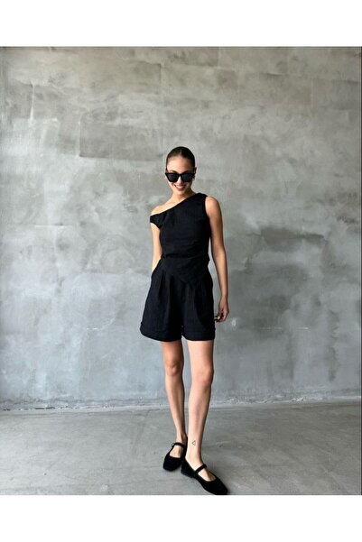 Niceboutique Asitmetrik Bluz Şort Keten Takım Siyah