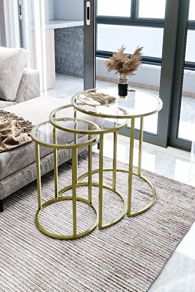 DEKOPRATİK Alya Gold Zigon Sehpa Üçlü Dekoratif Yan Sehpa Şeffaf Cam