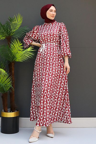 GİZ AGİYİM Claret Red Chain Model Dress