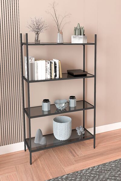 DEKOPRATİK - Marta Siyah Kitaplık Dekoratif Aksesuar Rafı Mutfak Rafı Füme Cam