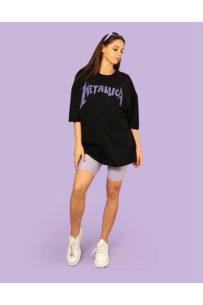 Bak Moda Tricou negru supradimensionat unisex cu imprimeu violet Metallica