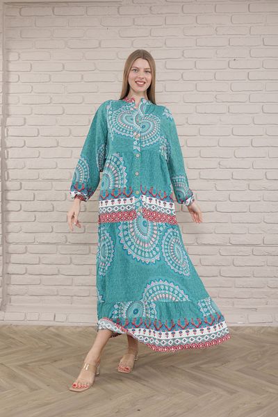 mervemoda Γυναικείο φόρεμα Plus Size - Μπροστά με κουμπιά και υφαντό