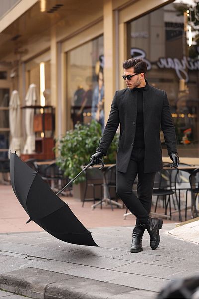 MİX CLOTHES Pánský černý kabát Slim Fit Stand Collar Stamp