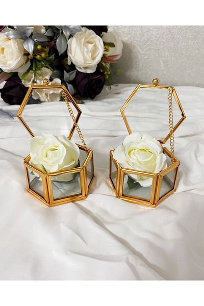 dermethane Ring Holder Double Promise Δαχτυλίδι αρραβώνων Ring Holder, Ring Riser Τεχνητά τριαντάφυλλα Συμπεριλαμβανομένου Χρυσού Χρώματος, Γυαλί