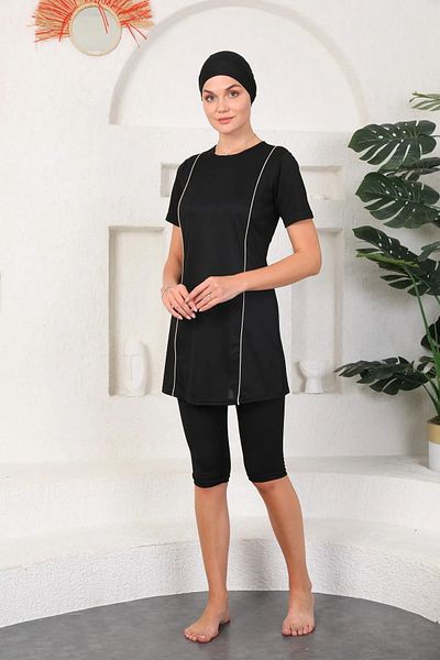miss ledonna Μαύρο ύφασμα Lycra - Μαγιό με μισό μανίκι με κρεμ παϊδάκια