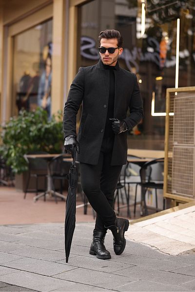 MİX CLOTHES Pánský černý kabát Slim Fit Stand Collar Stamp
