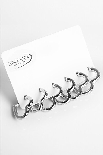 EUROMODA Kalp Tasarımlı Gold Gümüş ve Siyah Renkleri 3lü Küpe Seti