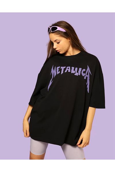 Bak Moda Tricou negru supradimensionat unisex cu imprimeu violet Metallica