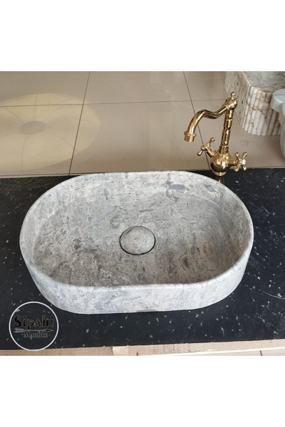 SİPAHİMARBLE Gümüş Traverten Gizli Giderli Oval Dizayn Lavabo
