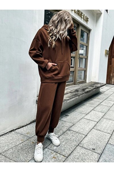 BayBayan Set de trening oversize maro pentru femei, cu glugă și picior elasti...
