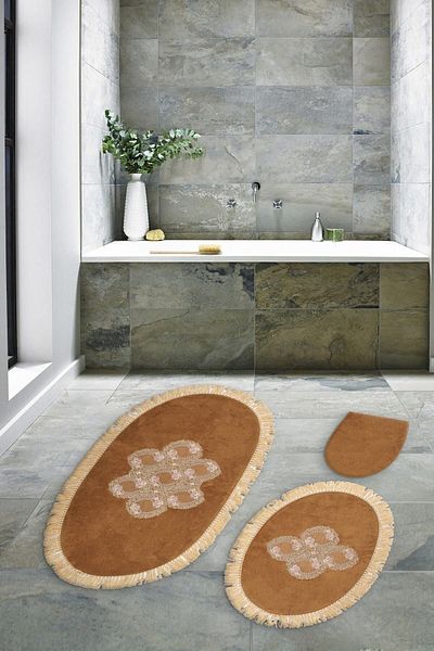 Alanur Home Acacia Fringed Welsoft Lace 3-Piece Bathroom Toilet Set Light Brown